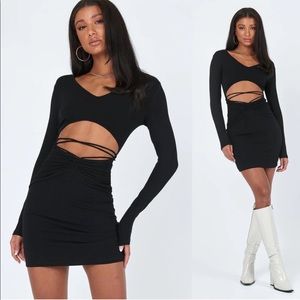 Princess Polly Noa Black Long Sleeve Ribbed Cut Out Criss Cross Tie Mini Dress